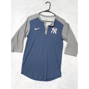 New York Yankees Shirt Mens Small Nike MLB Henley 3/4 Sleeve Dri Fit Navy Blue S